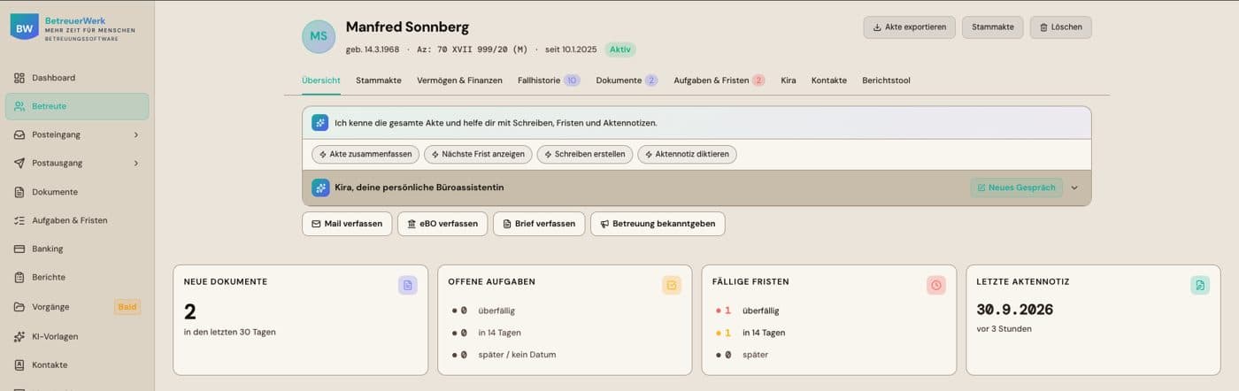 BetreuerWerk: Übersicht einer Betreuten-Akte mit Kira, neuen Dokumenten, Aufgaben und Fristen